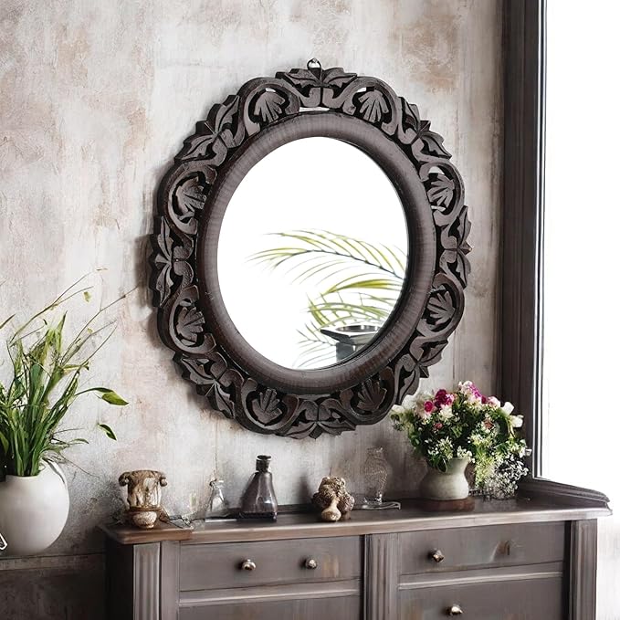 THE URBAN STORE Floral Carved Window Mirror in Walnut