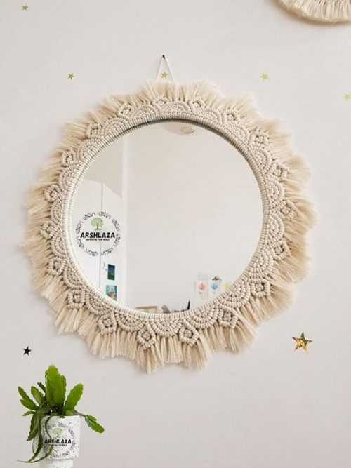 Arshlaza Round Bohemian Macrame Standing Mirror - Off-White