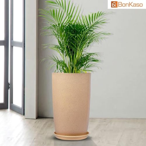 BonKaso 18 Inch Beige Marble Modern Plant Pots for Living Room